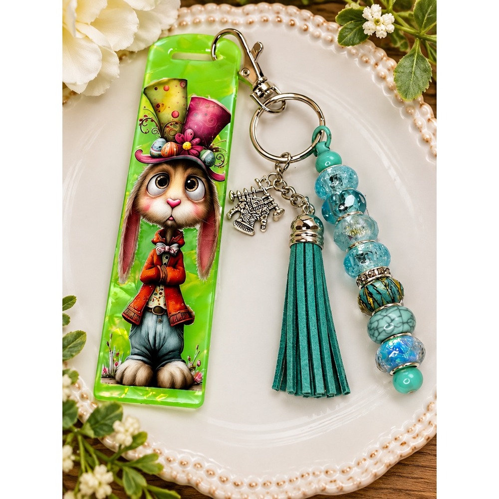Mad Hatter Rabbit Keychain Lime Green Acrylic Tassel Beaded Charm Whimsical 9